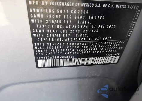 2021 Volkswagen Tiguan 2.0T Se/2.0T Se R-Line Black/2.0T Sel z USA, uszkodzony, nr VIN 3VV2B7AX2MM058980